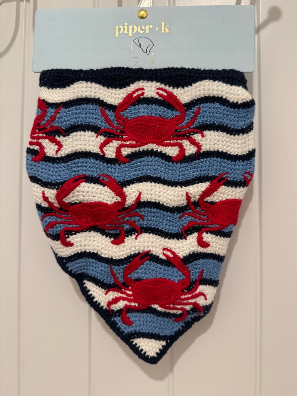 🌺NWT Piper·k Knit Headscarf with Red Crabs, Blue & White Stripes